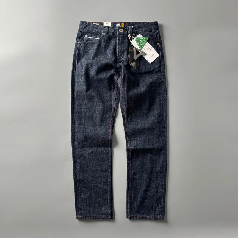Men's straight leg denim jeans in primary colour showing mid waist fit and classic American retro style.