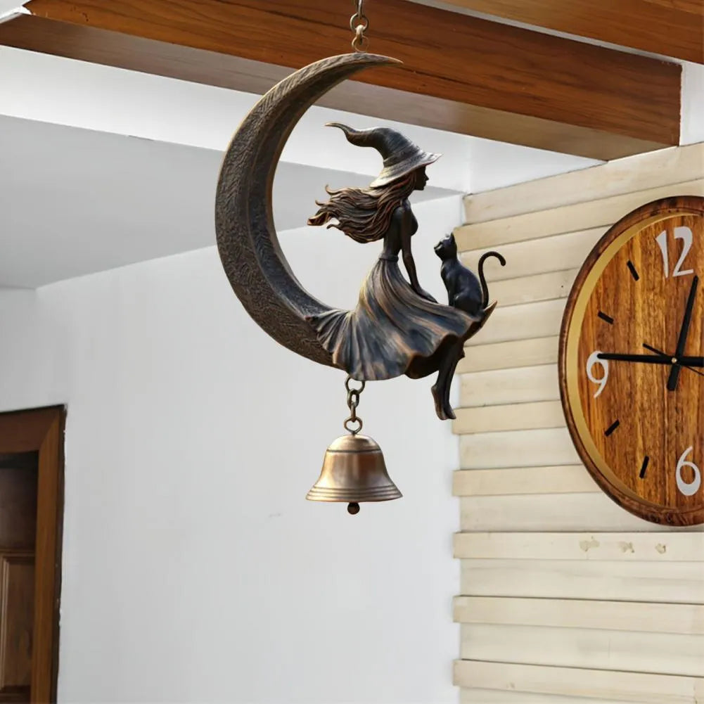Witch moon and black cat bell pendant hanging ornament with suspension loop for courtyard decoration