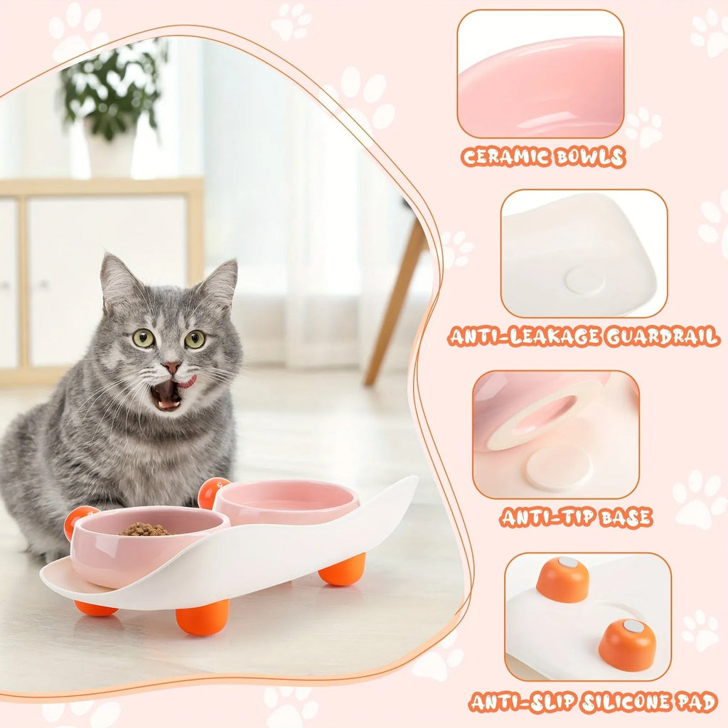 Raised ceramic pet feeding bowl set with two bowls in pink yellow colour on a non-slip base.