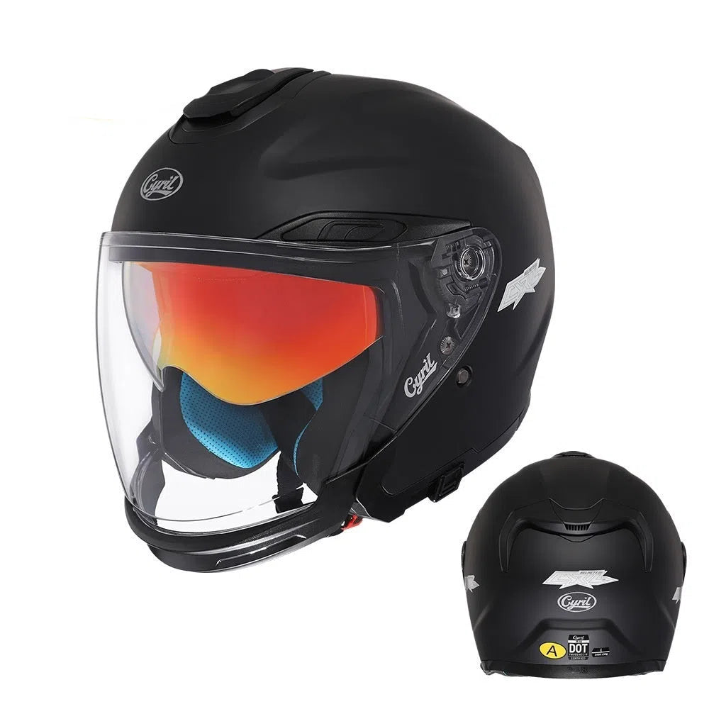 Men's motorcycle half helmet with double visor and ABS shell, sizes M to 3XL, multiple colours