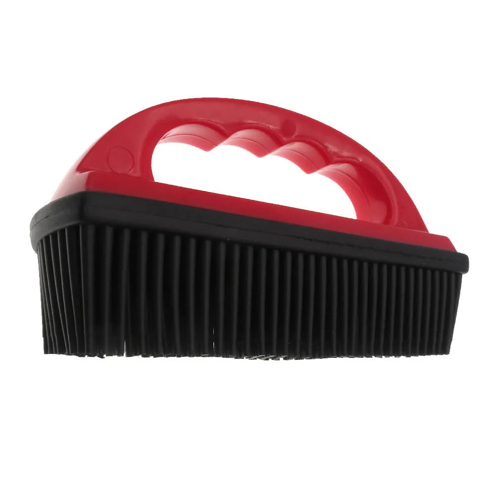 Red pet hair removal brush with non-slip handle for grooming and cleaning, dimensions 160mm by 85mm