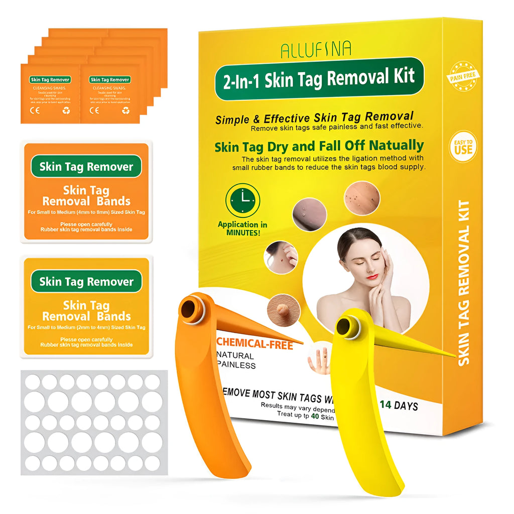 Orange mole removal tool kit with wart remover device, rubber rings, alcohol swabs, and repair sticker
