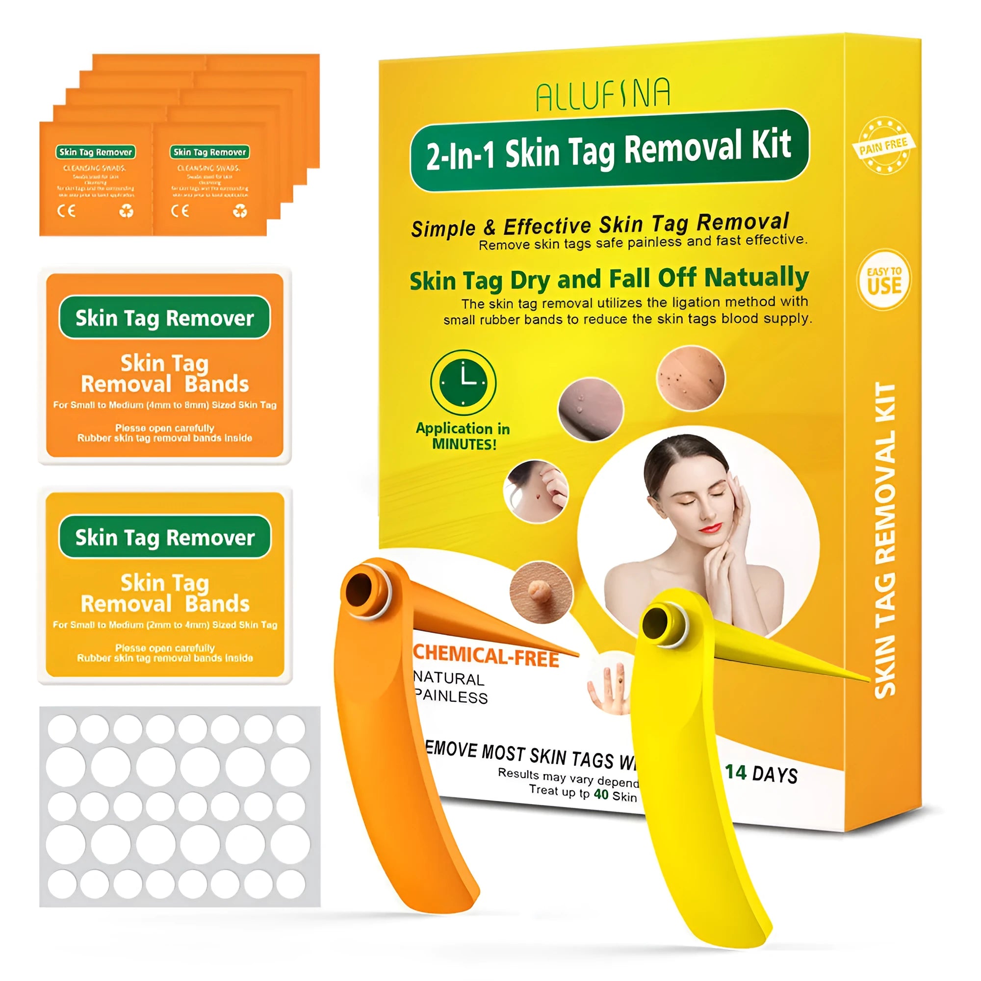 Orange mole removal tool kit with wart remover device, rubber rings, alcohol swabs, and repair sticker