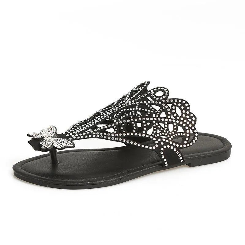 Women's black slip-on flip-toe sandals with rhinestone decoration on hollow PU upper