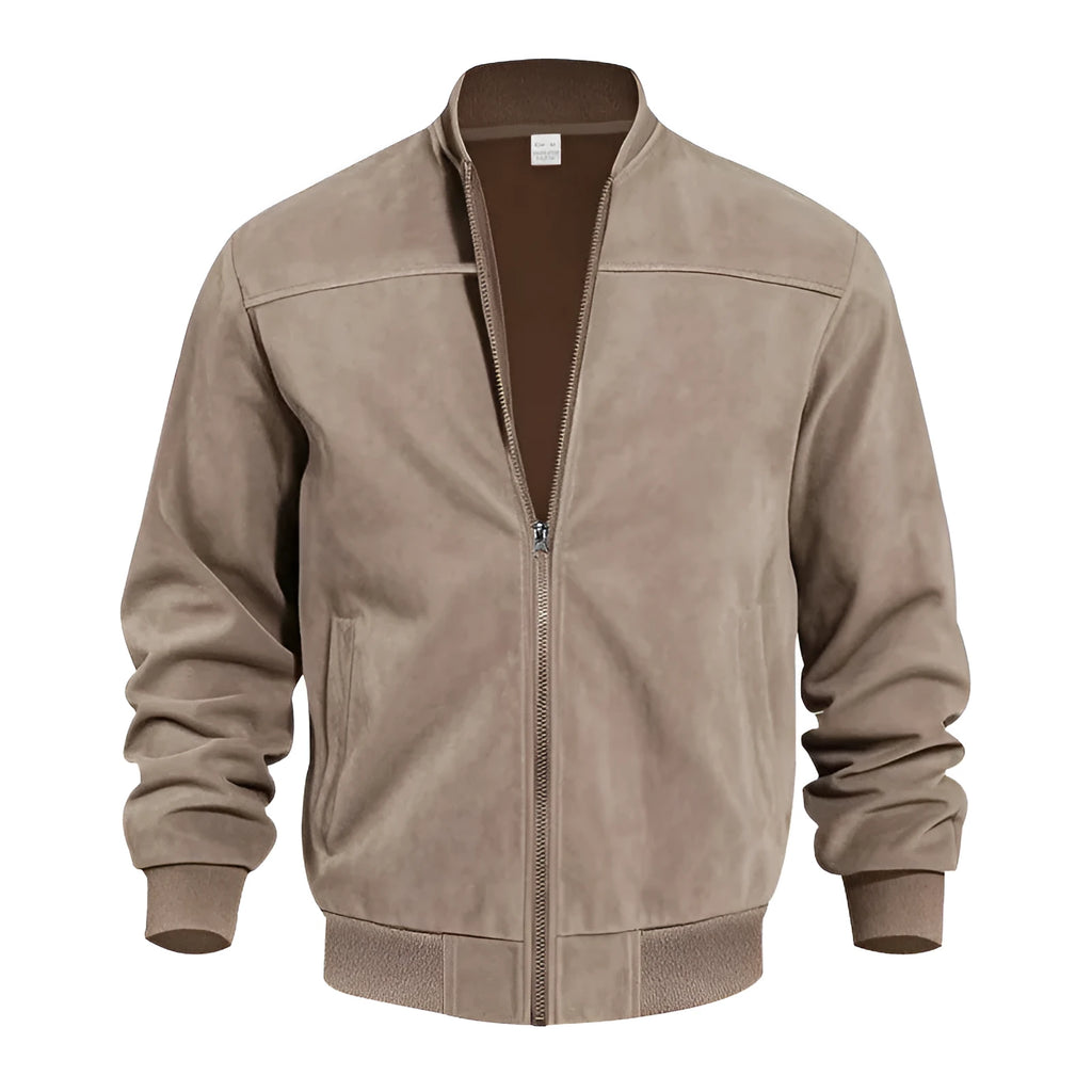 Men's plus size suede-look zip-up casual jacket in army green shown on a model.