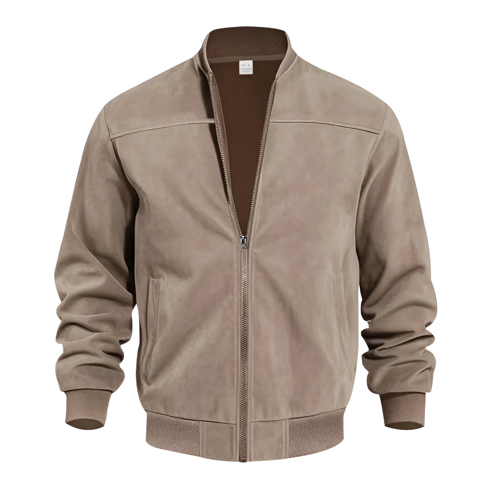 Men's plus size suede-look zip-up casual jacket in army green shown on a model.