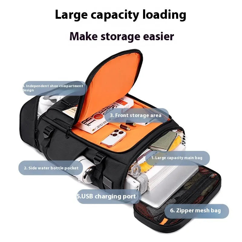 Black Oxford cloth travel bag with USB interface, curved shoulder strap, and 16-inch computer fit