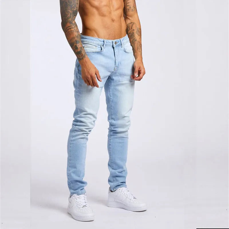 Men's fashion casual slim fit high waist cotton jeans in light blue, solid colour, size 28-36