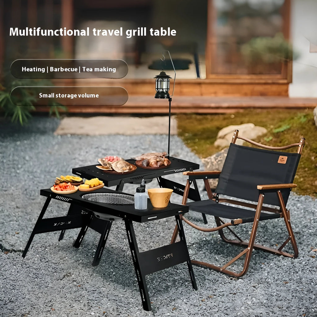 Folding multifunctional travel barbecue table with black steel construction and integrated cooking surface