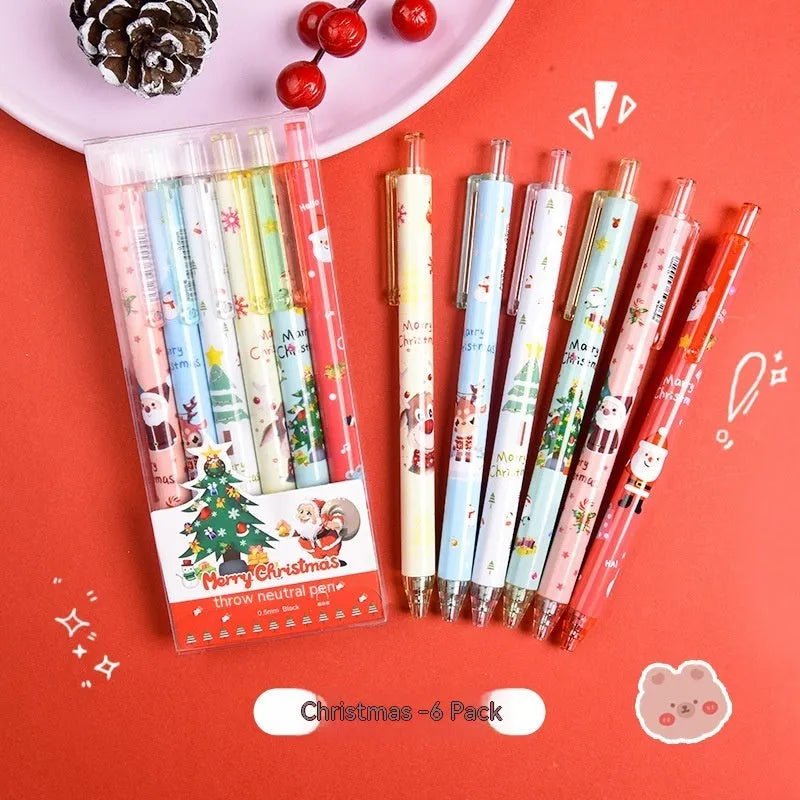 Set of six black ink signature pens with colourful cartoon design on plastic shells.