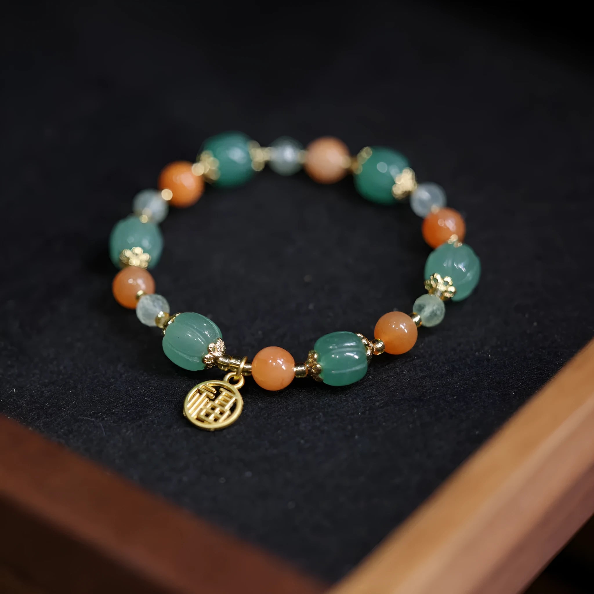 Chinese style Jinsi Jade Duobao pumpkin bracelet with Prehnite stones for 14-16.5cm wrists