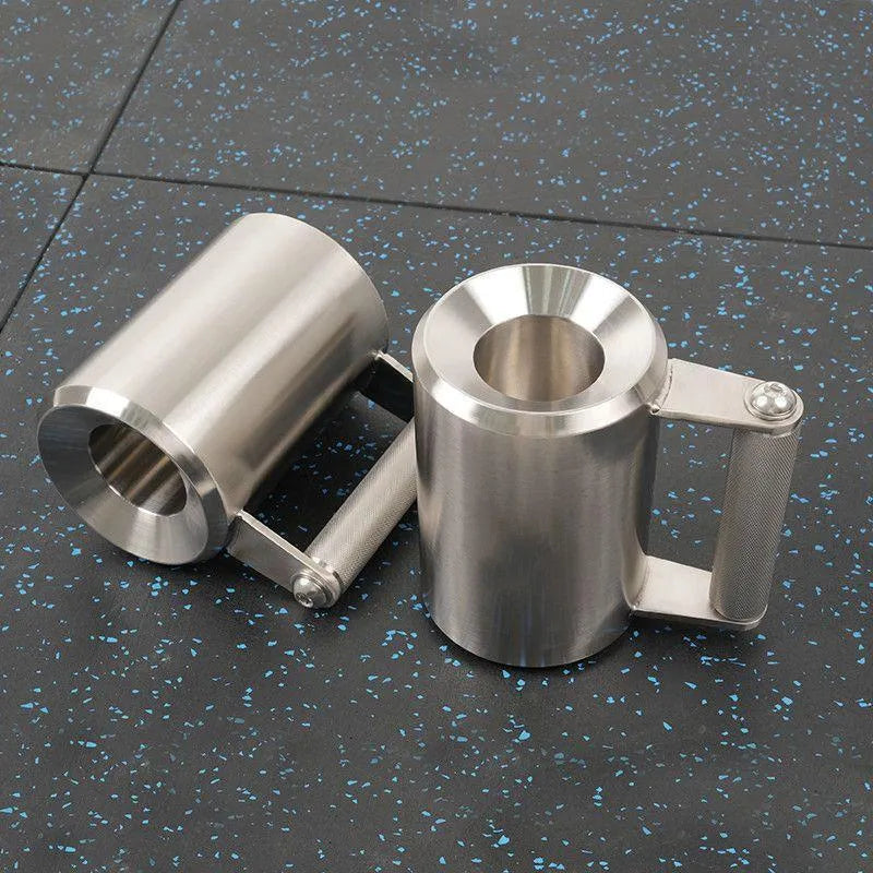 Silver 8kg stainless steel cast iron dumbbell cup weight plate on gym floor.