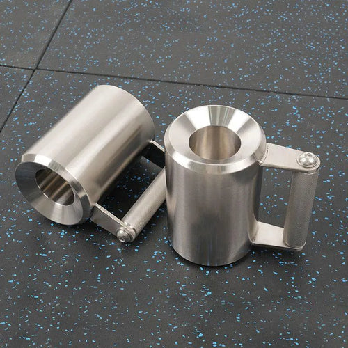 Silver 8kg stainless steel cast iron dumbbell cup weight plate on gym floor.
