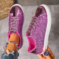 Women's plus size sequinned front lace-up board shoes in artificial leather, shown in black, gold, purple, and silver.