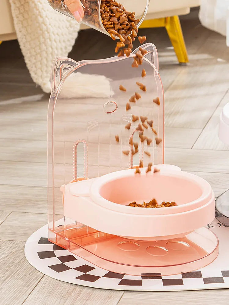 Grey cat food bowl with protective cat ear design around rim for neck protection during feeding