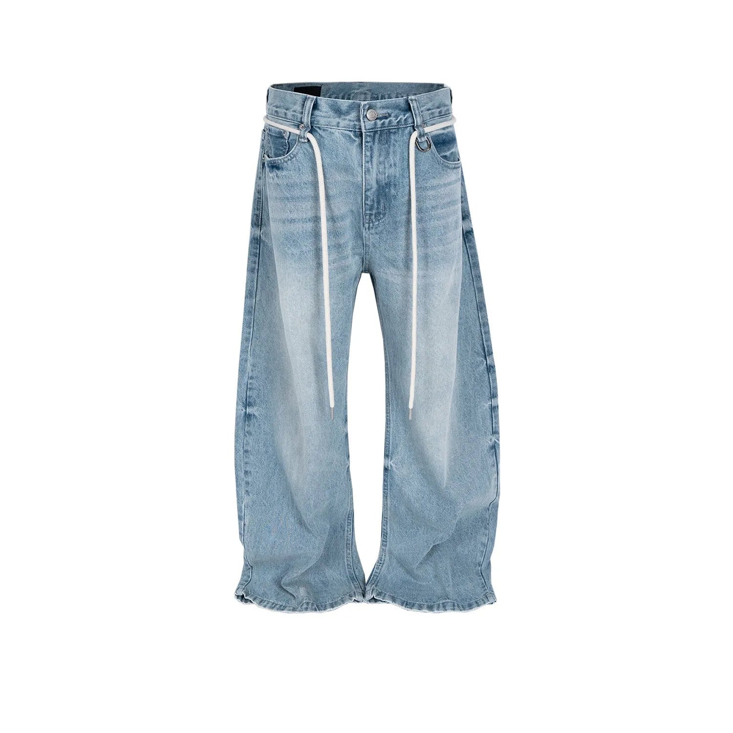 Blue vintage washed straight-leg denim trousers with drawstring belt laid flat