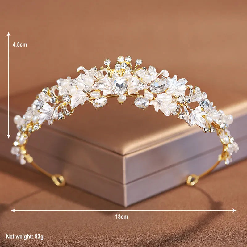 Gold and silver alloy pearl crown headdress for women's weddings and formal occasions