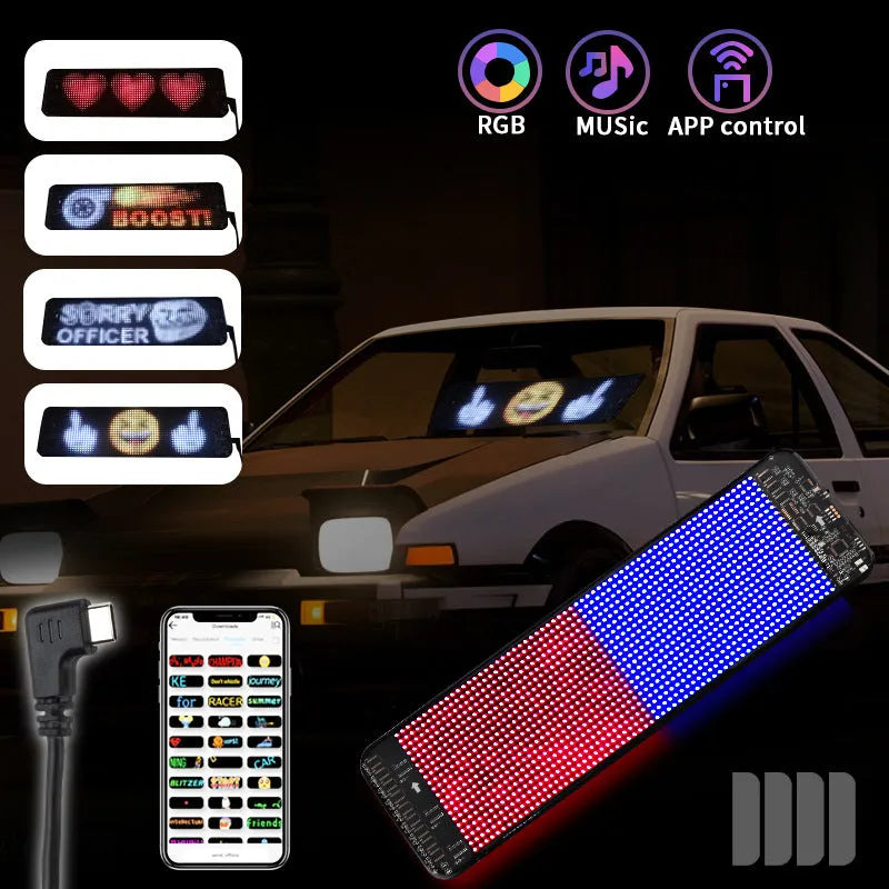 Black flexible LED screen for adhesive mounting on a car rear windscreen, showing a coloured message display.