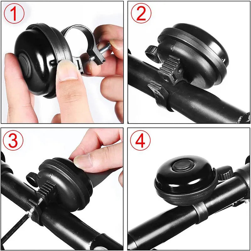 Black bicycle bell with 58mm diameter and thumb-operated mechanism for handlebar mounting