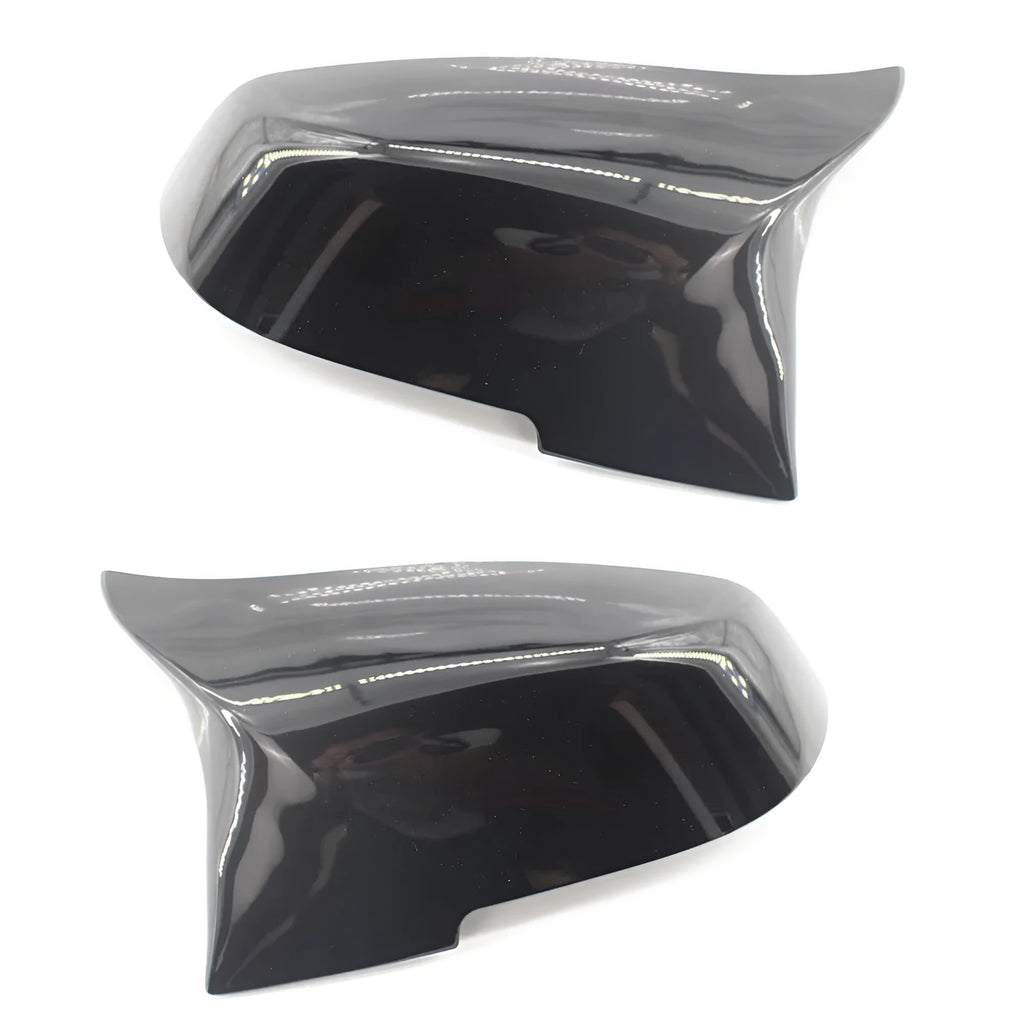 Pair of paint bright black horn-style BMW rearview mirror shells for F30 3 Series.