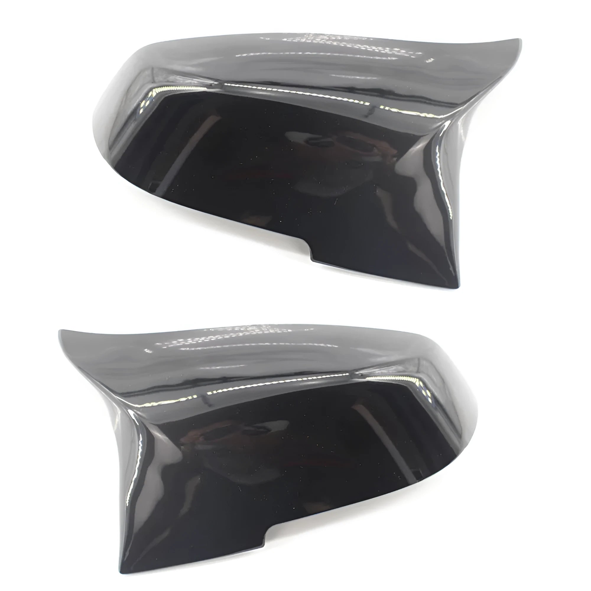 Pair of paint bright black horn-style BMW rearview mirror shells for F30 3 Series.