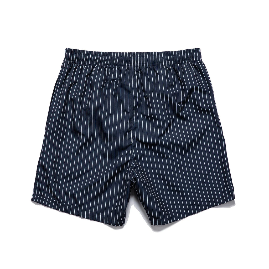 Man wearing navy blue and white striped straight-leg polyester beach shorts on shore.
