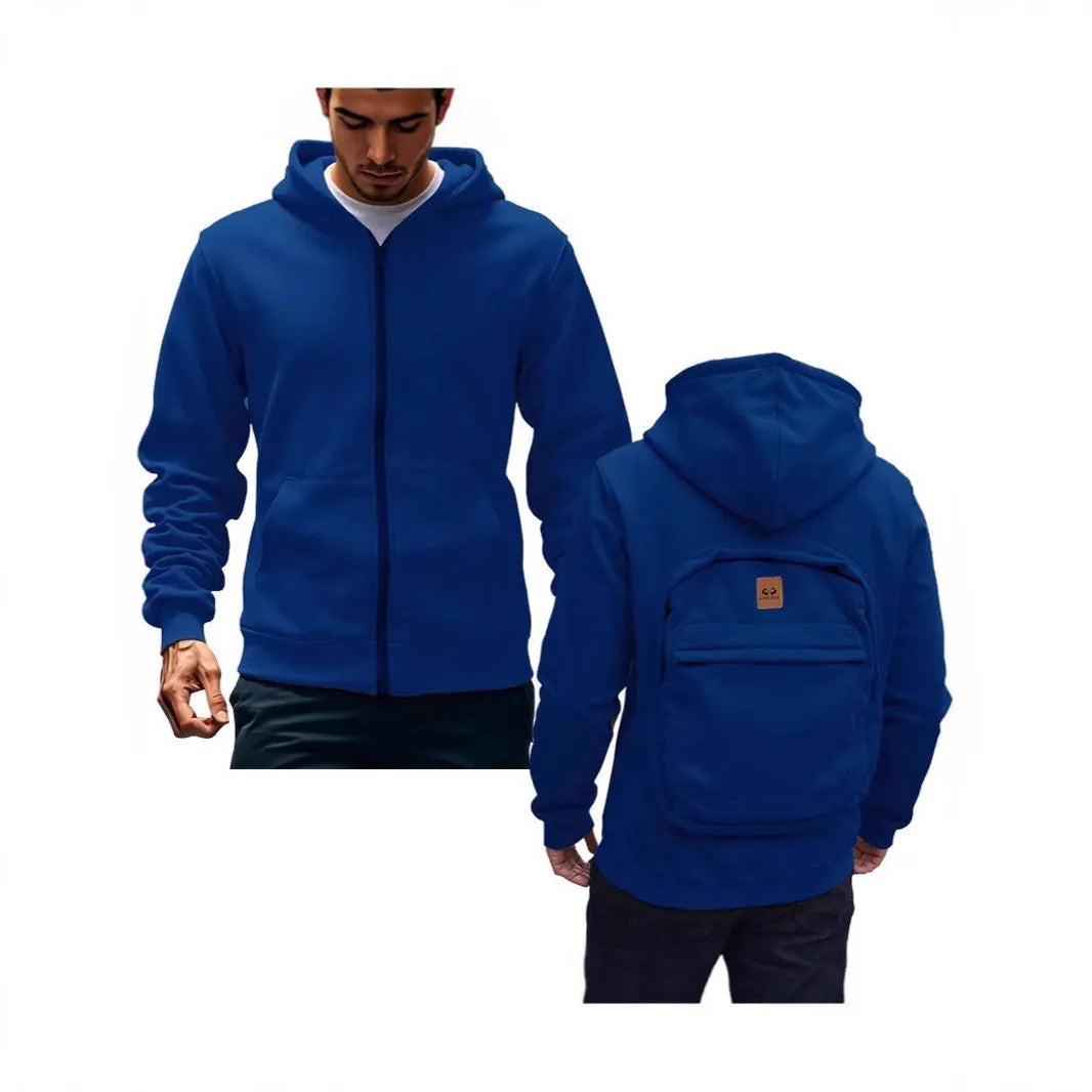 Casual loose-fitting hoodie cardigan back schoolbag sweater for men in light gray with stick pocket