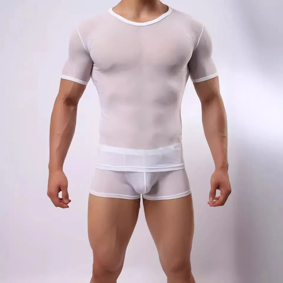 Men's slim fit transparent mesh short-sleeved t-shirt in solid colours on a hanger