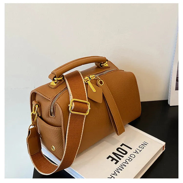 PU leather shoulder messenger bag in urban simple style with slit pocket and sewing thread detail