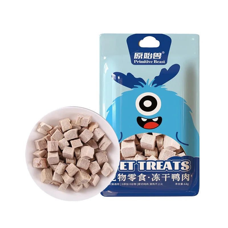 Freeze-dried pet snacks in seven flavours including chicken, salmon, and egg yolk, packaged in foil pouches