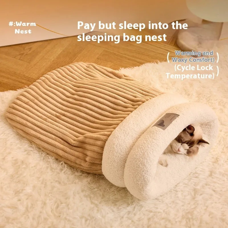 Brown semi-enclosed cat sleeping bag with lambswool lining on wooden floor