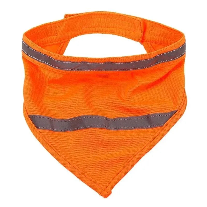 Yellow and orange reflective dog bandana scarf with adhesive fastening strap laid flat.