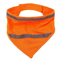 Yellow and orange reflective dog bandana scarf with adhesive fastening strap laid flat.