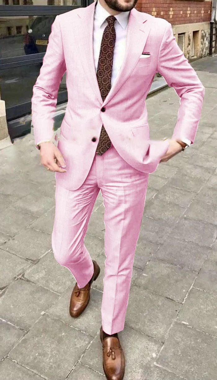 Men's slim fit two-button suit jacket and trousers in light purple acetate fabric.