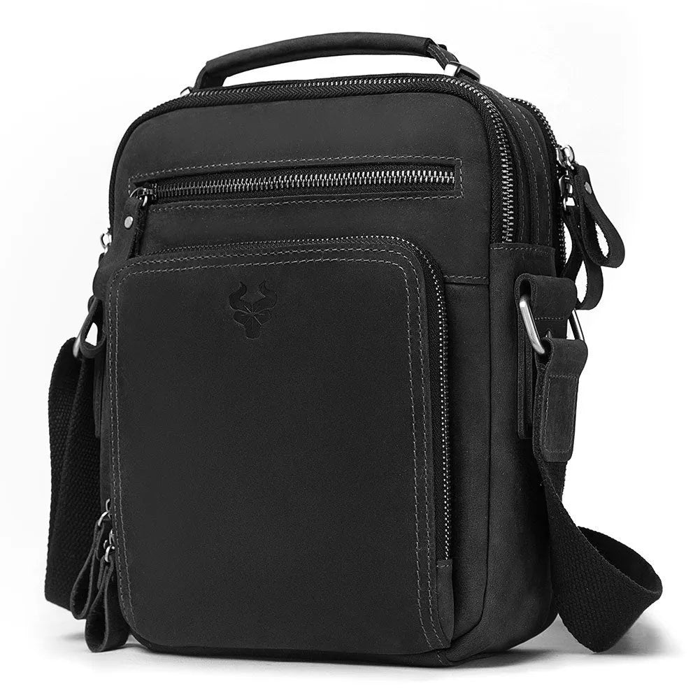 Men's brown genuine leather crossbody bag with single shoulder strap and vintage styling