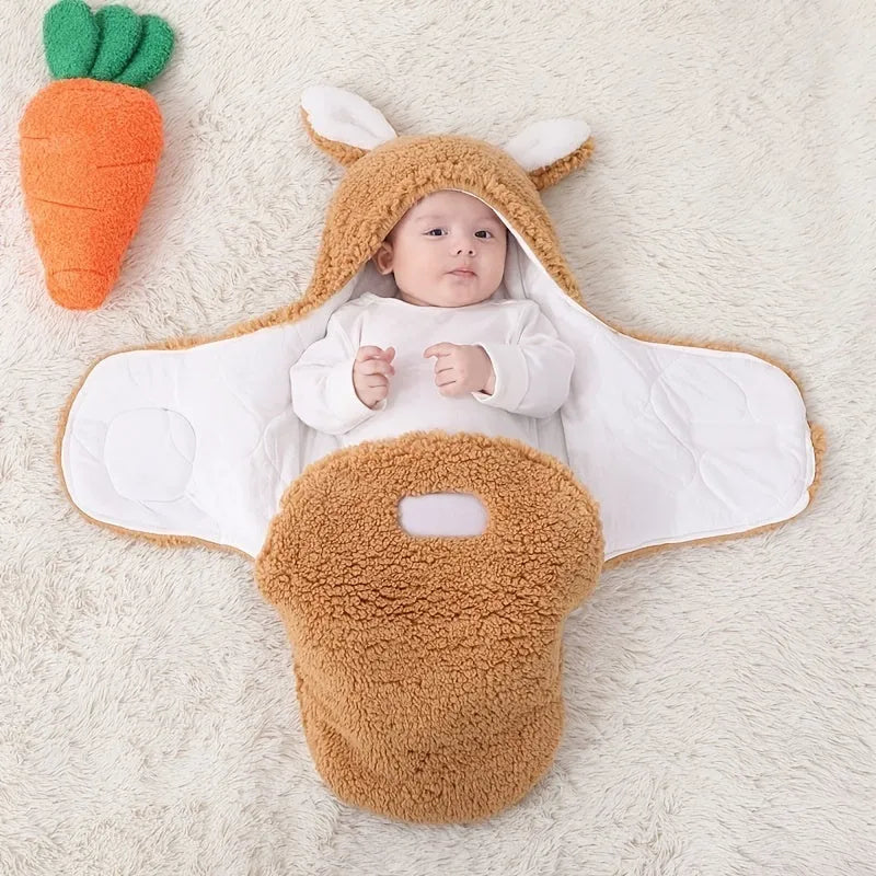 A baby wearing a soft grey fleece sleeping bag with hook-and-loop shoulder straps.