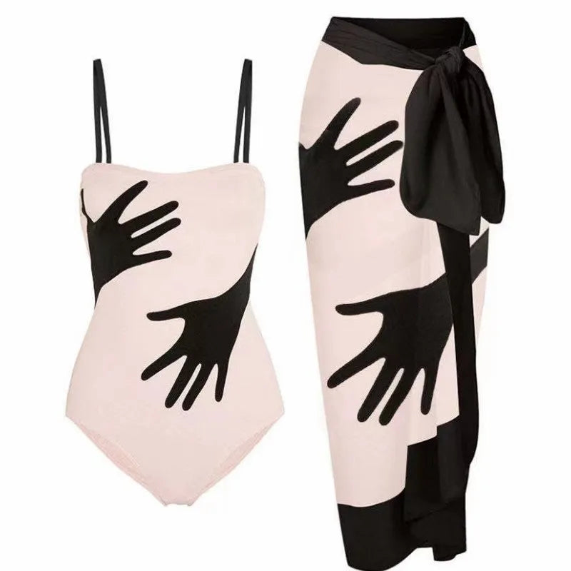 Women's patterned polyester bikini with detachable tulle skirt in one-piece design