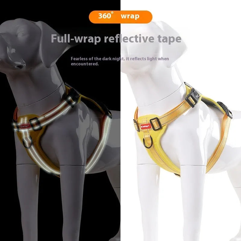 Adjustable polyester dog chest harness and lead in multiple colours on a size chart.