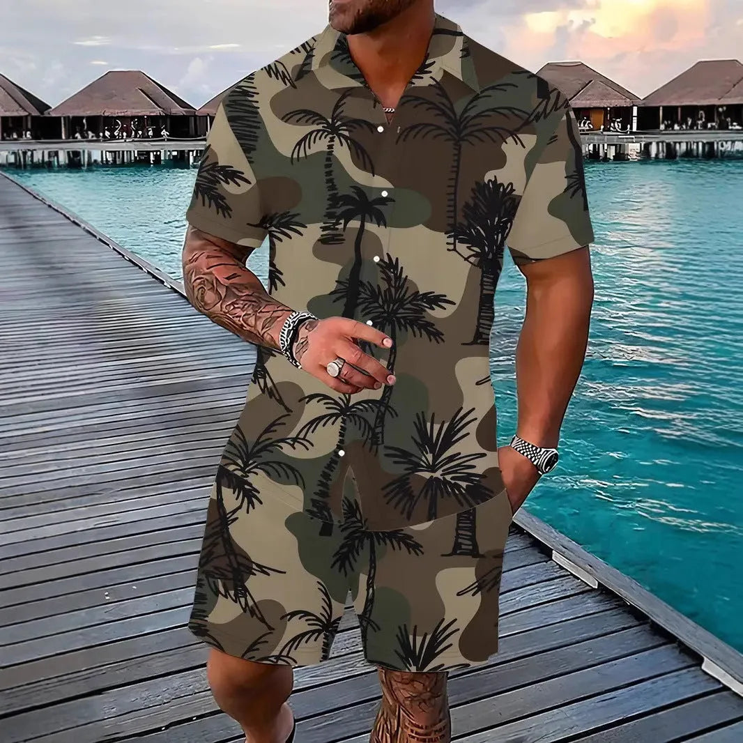Men's Hawaii-themed short sleeve suit set with printed top and matching shorts on a hanger