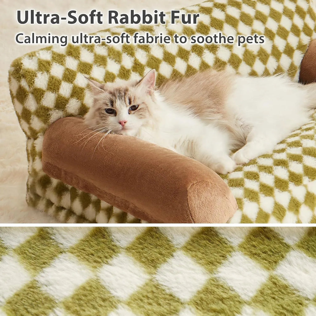Checkered grey and white pet couch bed for a small dog or cat, showing removable cover and non-slip bottom.
