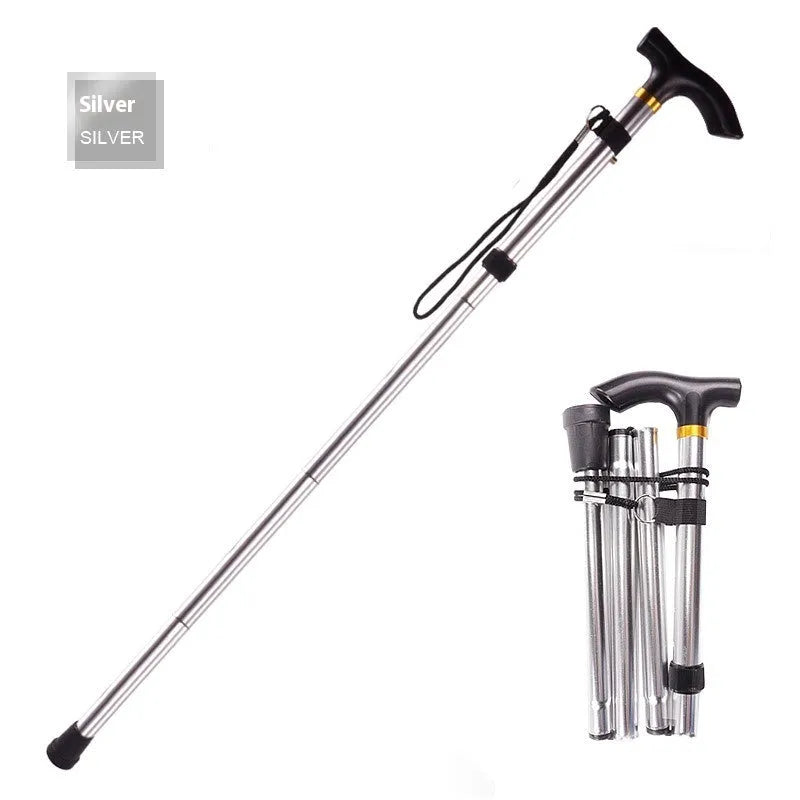 Aluminium folding walking cane extended to show adjustable shaft and textured non-slip handle.