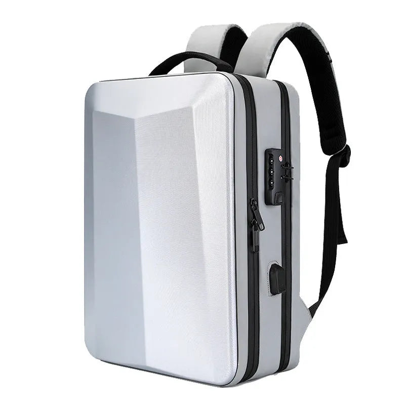 Waterproof black and silver white business backpack with curved shoulder straps and ABS PC frame.