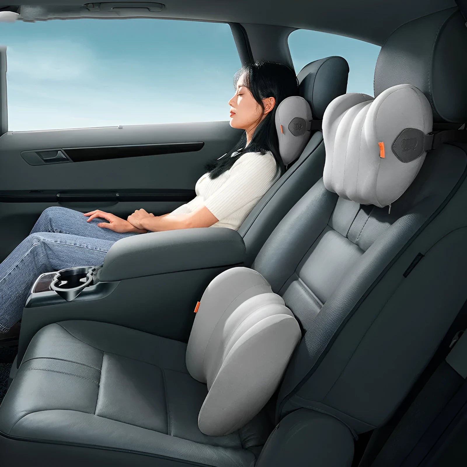 Grey and orange memory foam head restraint and lumbar pillow set for lorry cab.
