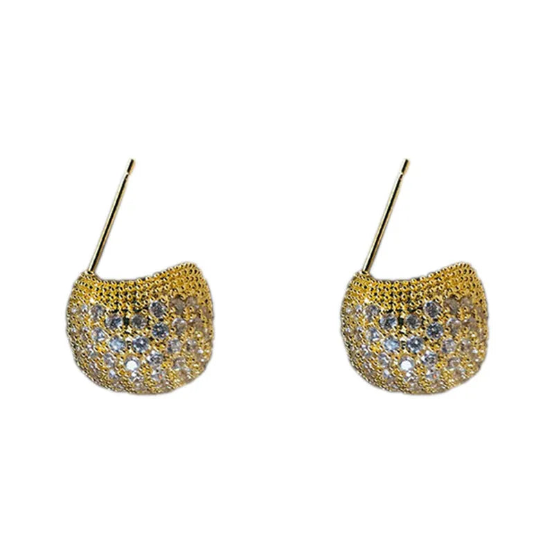 Geometric drop earrings with full diamond pave on golden spherical components in gold and white colour options