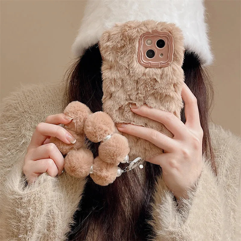 Plush flannel phone case with brown hollow bracket and chain lanyard for Huawei and iPhone