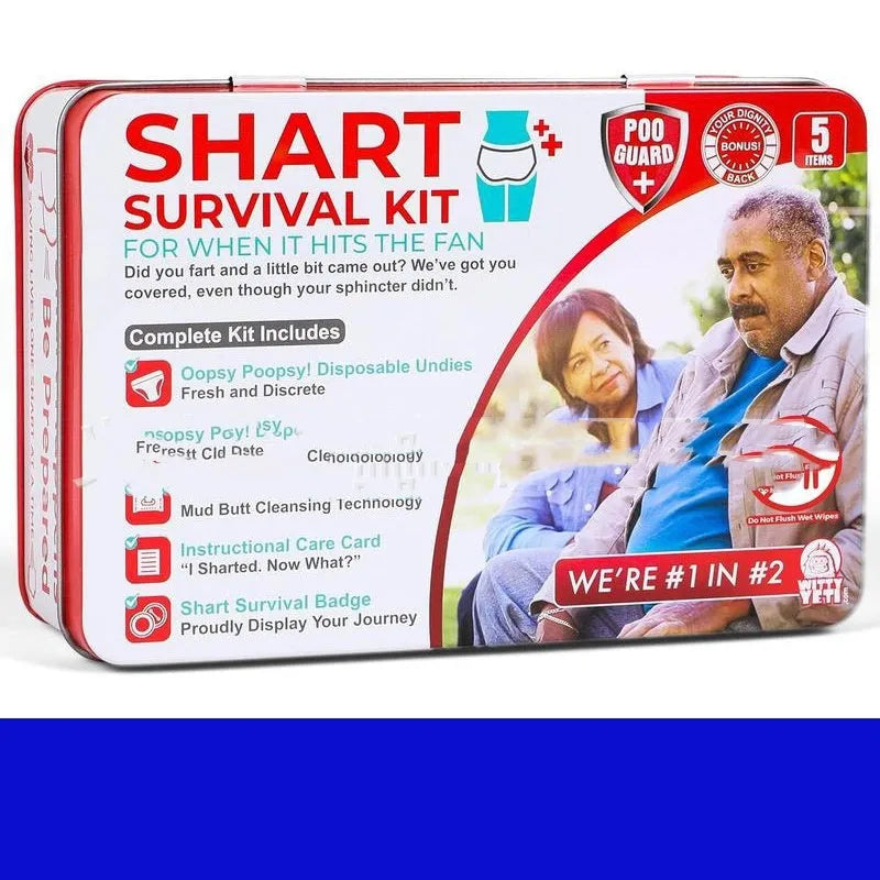 Poop Gift Set Survival Kit in aircraft box with wet wipes, dry wipes, disposable underwear, badge, and instruction card