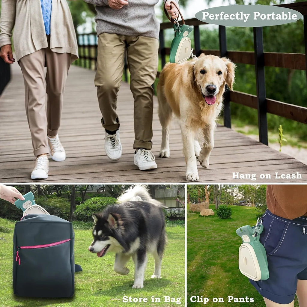 Blue handheld dog pooper scooper with foldable waste container and attached carabiner clip.