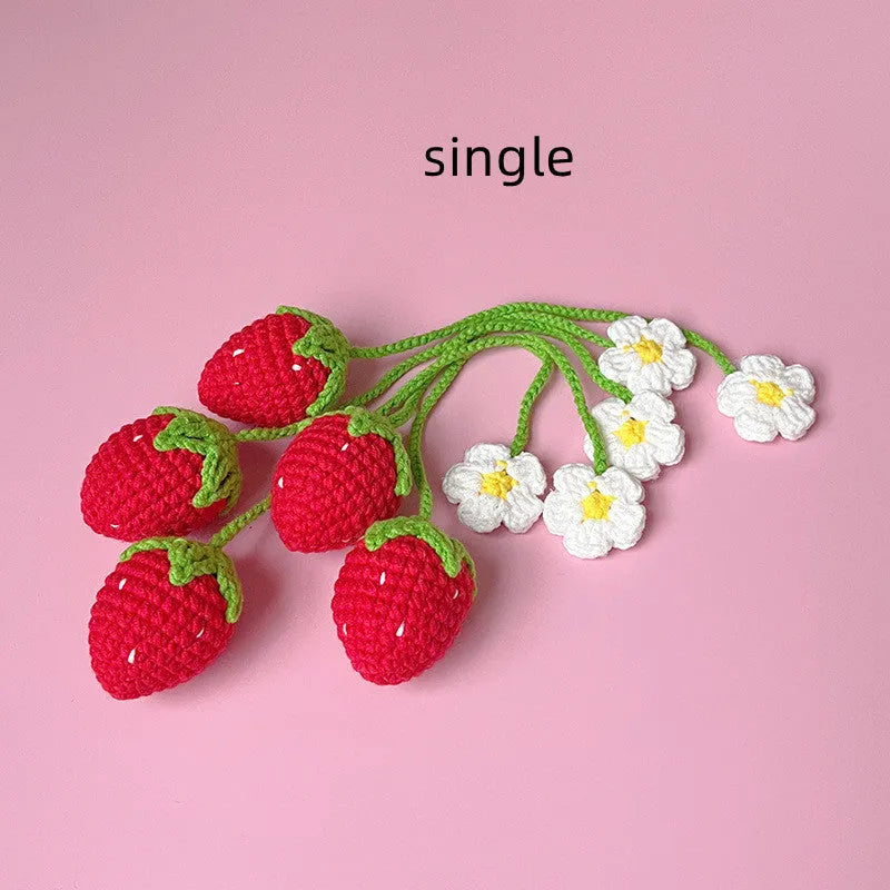 Handmade wool crochet woven strawberry pendant on 35cm chain in pink colour