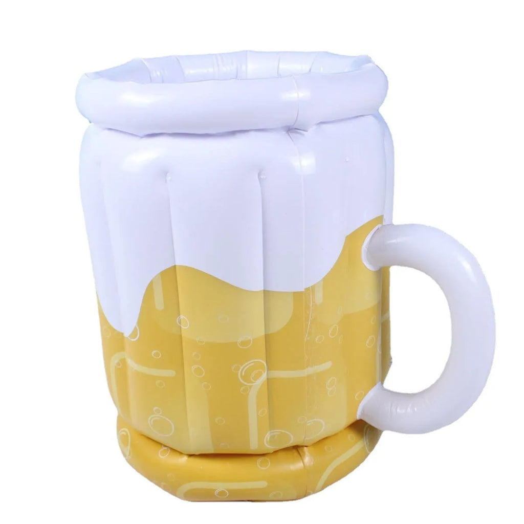 Yellow PVC inflatable beer mug shaped pool float cooler with drink holders