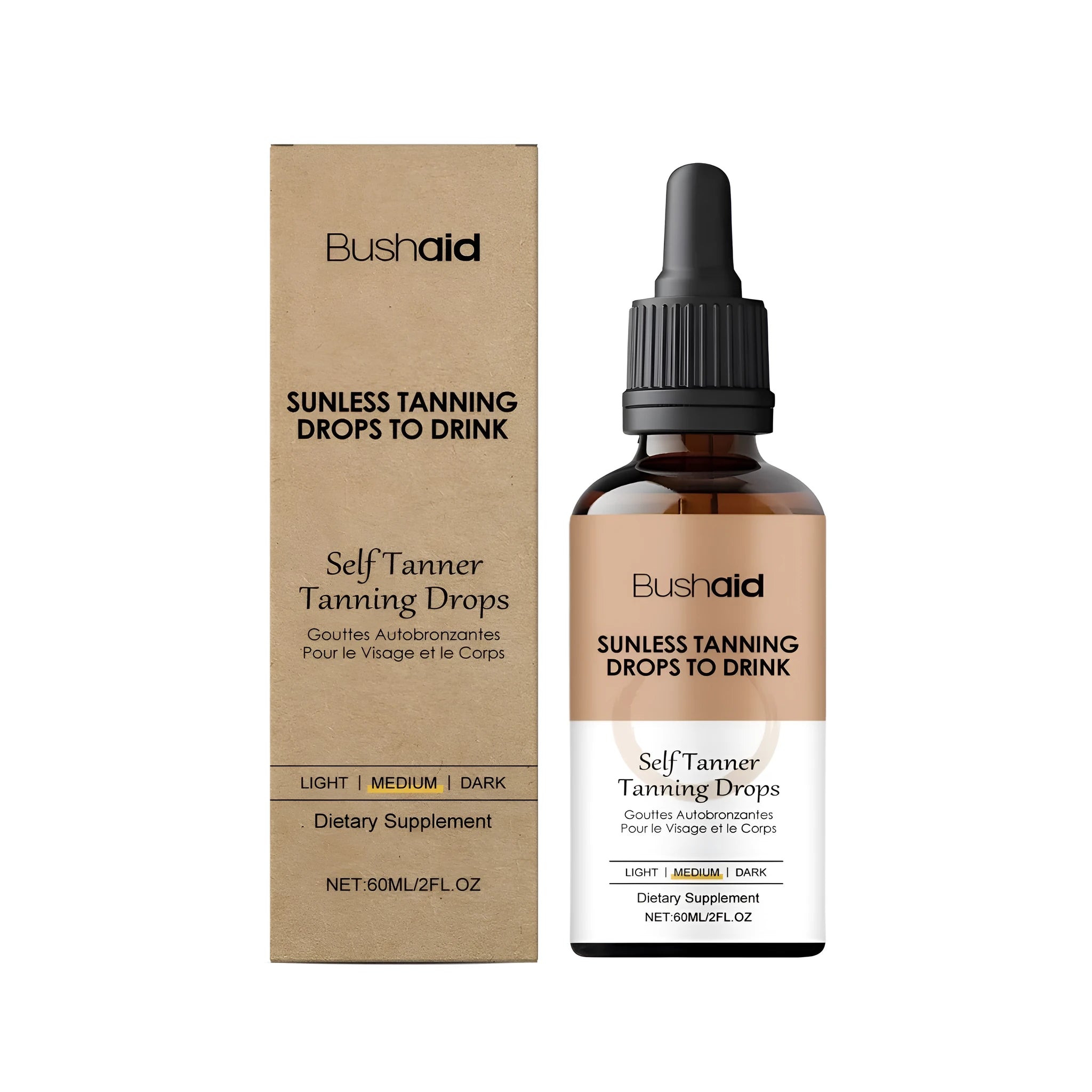 60ml bottle of self-drying tanning health drops with dropper applicator